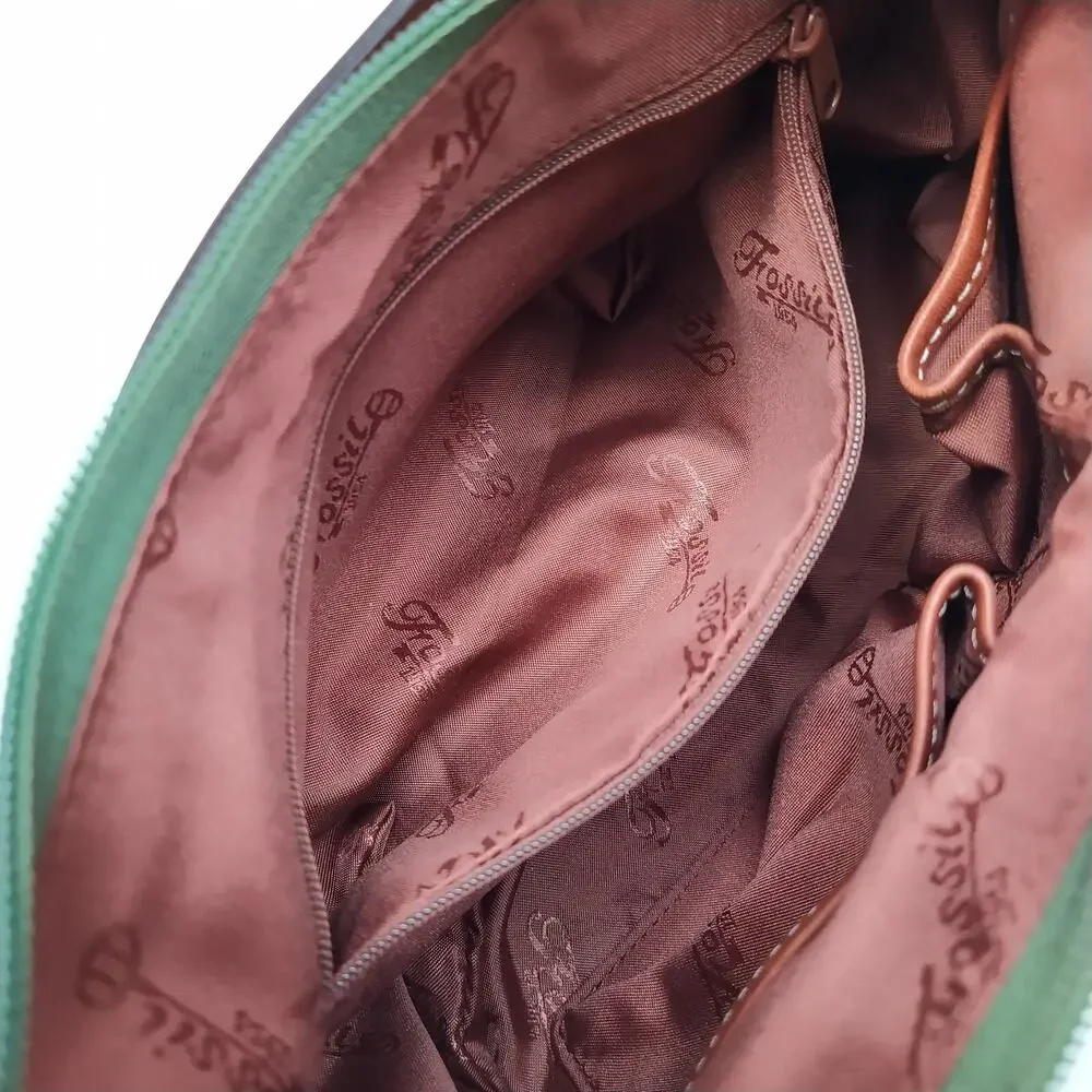 Fossil Oliver Green Nylon Leather Trim Zipper Closure Hobo Shoulder Bag